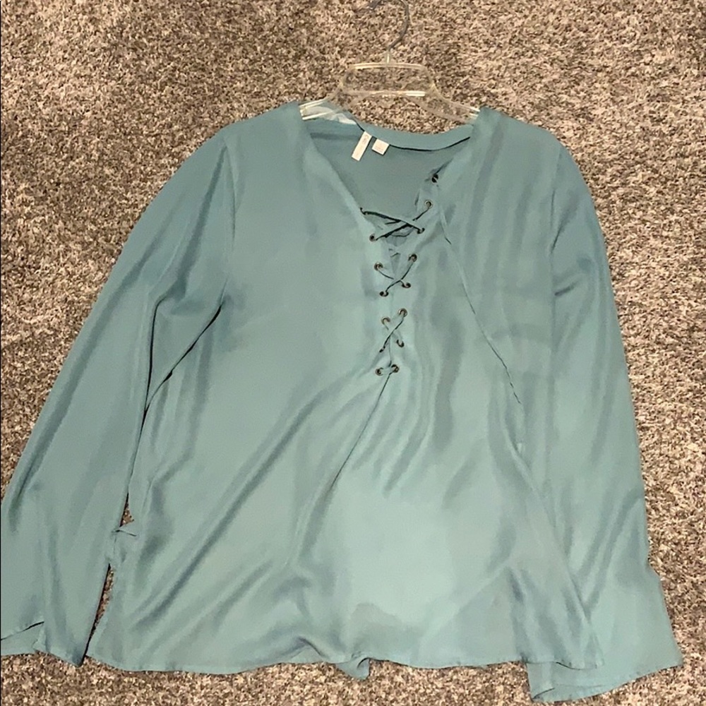 Teal Blouse with lace up neckline